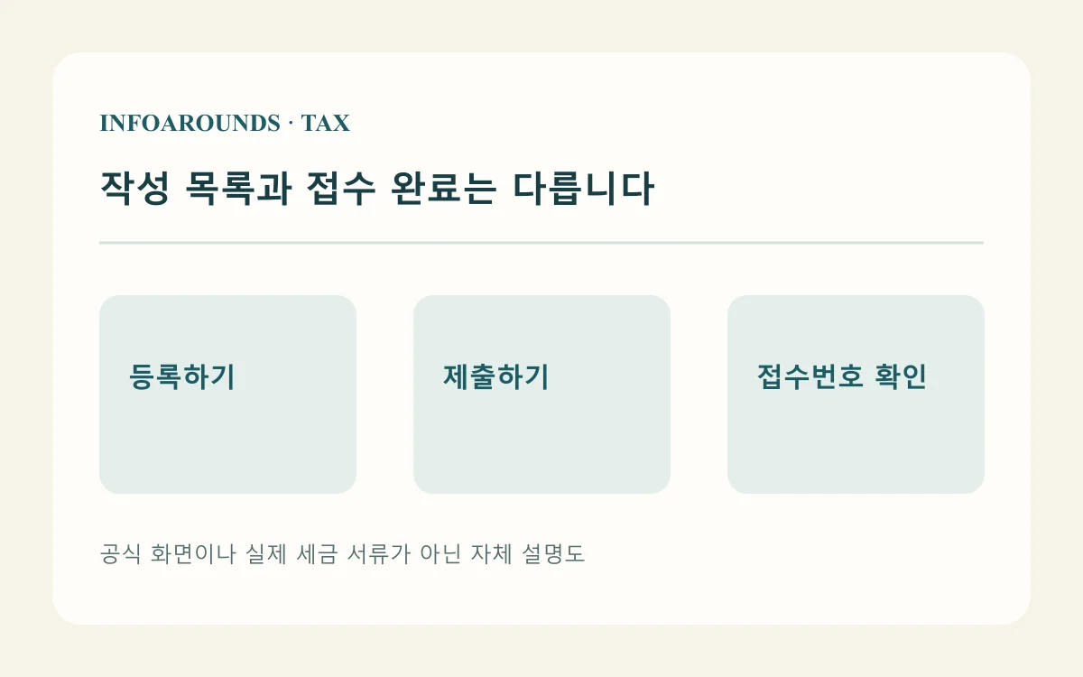 작성 목록과 접수 완료는 다릅니다 — 등록하기, 제출하기, 접수번호 확인을 나눈 자체 개념도