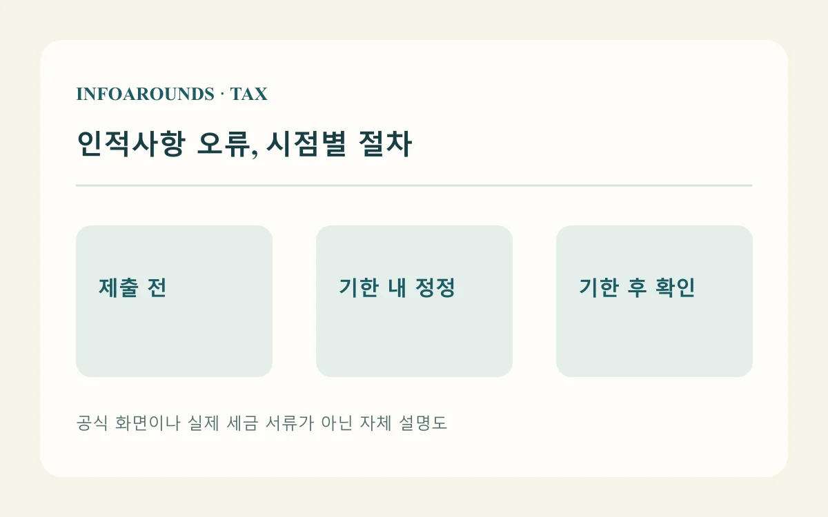 인적사항 오류, 시점별 절차 — 제출 전, 기한 내 정정, 기한 후 확인을 나눈 자체 개념도