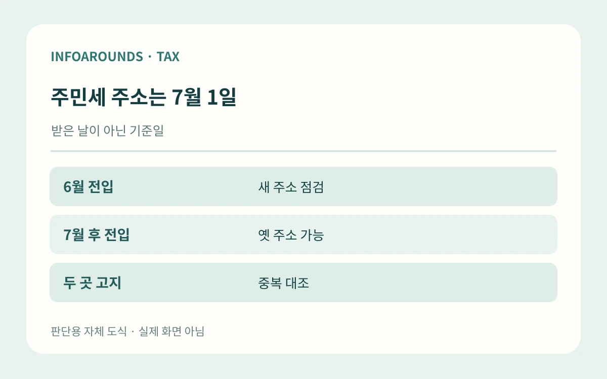 주민세 주소는 7월 1일. 받은 날이 아닌 기준일. 6월 전입 — 새 주소 점검; 7월 후 전입 — 옛 주소 가능; 두 곳 고지 — 중복 대조. 자체 제작 설명 그림